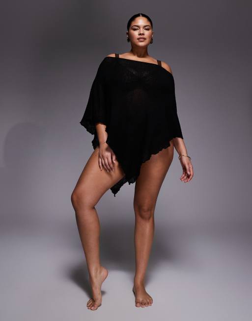 ASOS DESIGN Curve beach knit poncho in black, 2 of 4