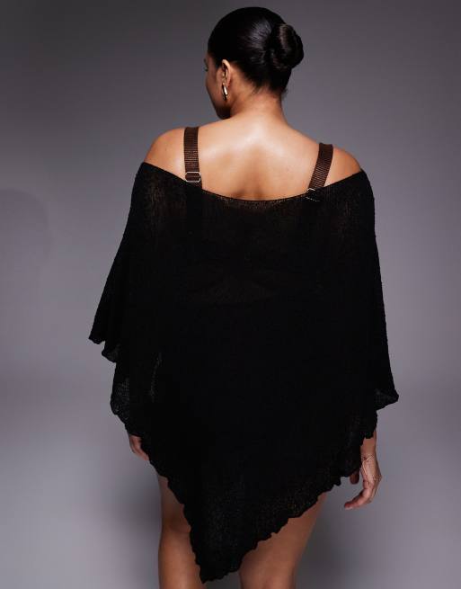 ASOS DESIGN Curve beach knit poncho in black, 3 of 4
