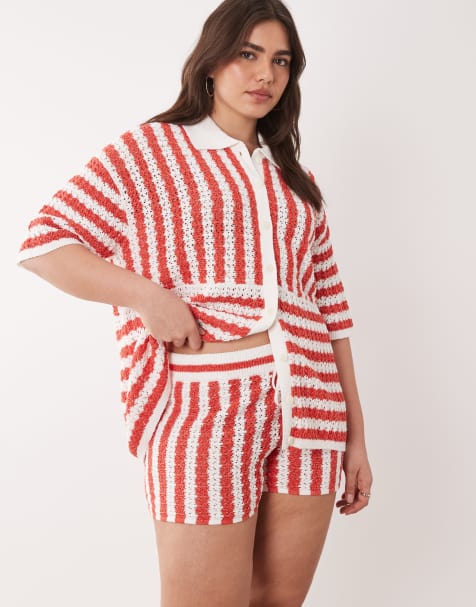 ASOS DESIGN Curve beach knit short co-ord in red stripe - view 1