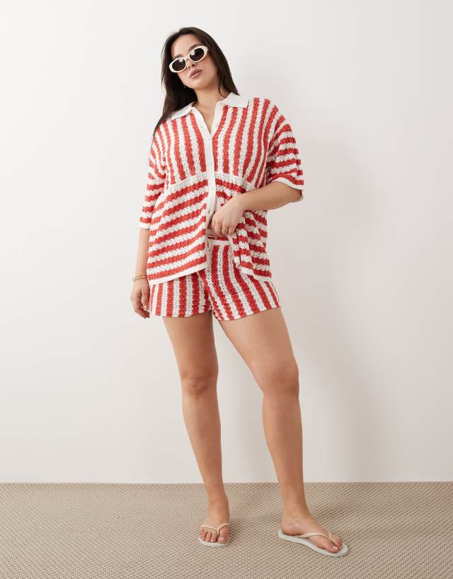 ASOS DESIGN Curve beach knit short in red stripes - part of a set