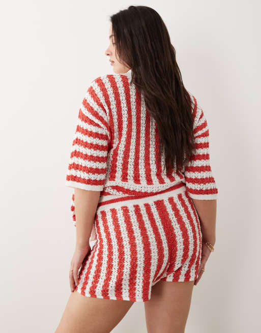 ASOS DESIGN Curve beach knit shorts in red stripe (part of a set), 5 of 5