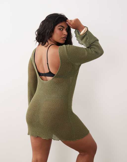 ASOS DESIGN Curve beach knitted boucle scoop back mini dress in khaki, 4 of 4
