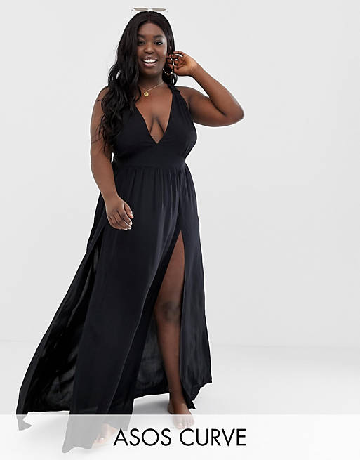 ASOS DESIGN Curve beach maxi dress with frill strap & plunge neck in black