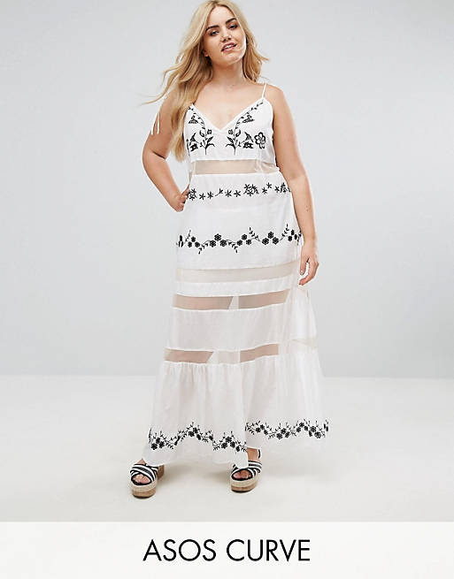 ASOS DESIGN CURVE Beach Mesh Embroidered Panel Maxi Dress with Peplum Hem