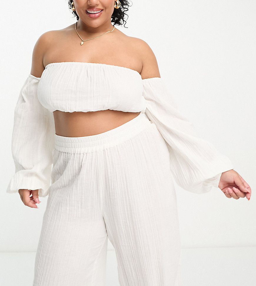 ASOS DESIGN Curve beach off shoulder crop top co-ord with detachable volume sleeve in white gauze