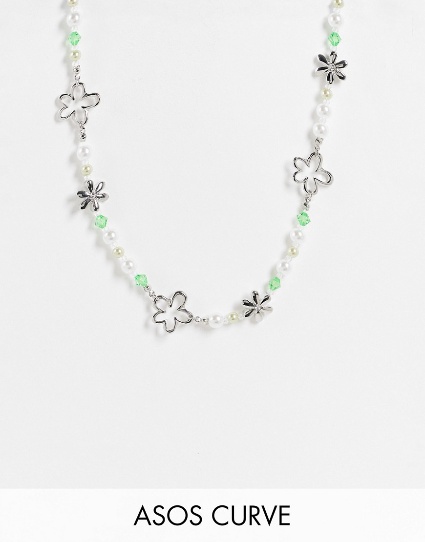 ASOS DESIGN Curve beaded faux pearl necklace flower charms in silver tone