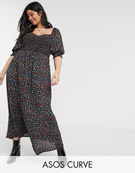 ASOS DESIGN Curve – Bedrucktes Maxikleid mit geraffter Brustpartie