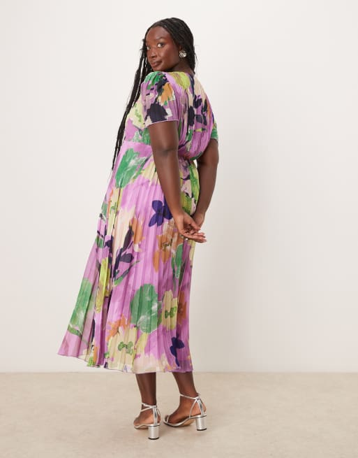 ASOS DESIGN Curve – Bedrucktes Plissee-Midikleid mit gefaltetem Oberteil und Flatterärmeln, 3 von 4