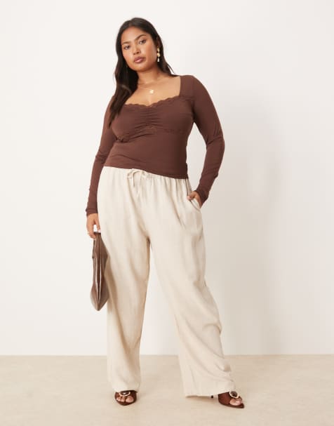 ASOS DESIGN Curve – Beige, avsmalnande byxor i linnestil med resårmidja - view 1
