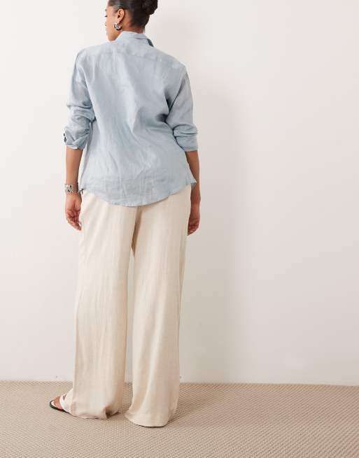 ASOS DESIGN Curve – Beige byxor i linnemix med vida ben och veckade detaljer, 5 av 5