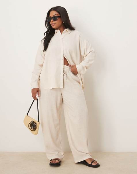 ASOS DESIGN Curve – Beige byxor i linnestil med resårmidja, del av set - view 1