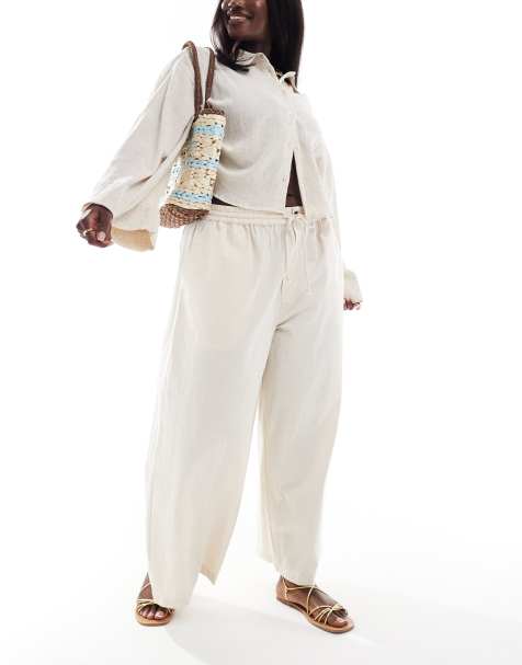 ASOS DESIGN Curve – Beige byxor med vida ben i linnemix - view 1