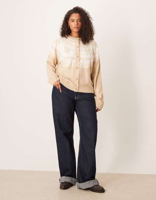 ASOS DESIGN Curve - Beige cardigan med mønstret del med sløjfedetaljer, 2 af 4