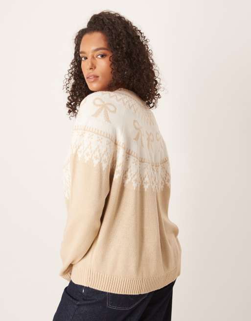 ASOS DESIGN Curve - Beige cardigan med mønstret del med sløjfedetaljer, 4 af 4