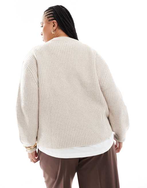 ASOS DESIGN Curve – Beige, grovstickad och ribbad tröja med rund halsringning, 3 av 5