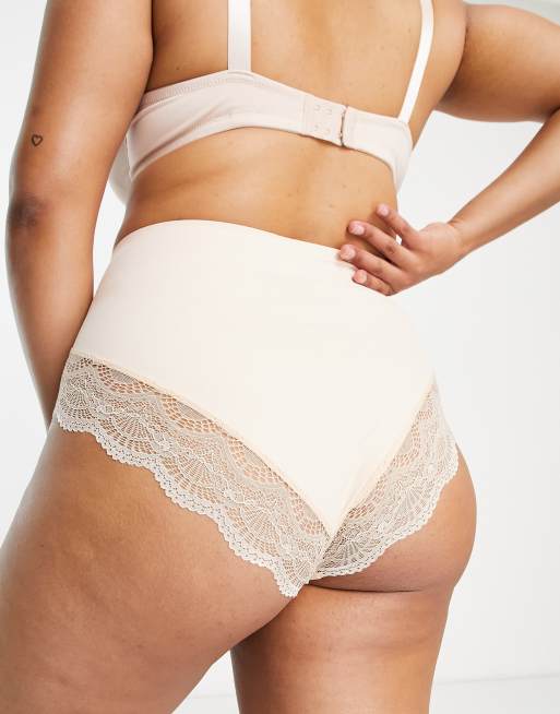 ASOS DESIGN Curve - Beige højtaljede trusser med medium støtte og formende effekt og blonder, 2 af 4