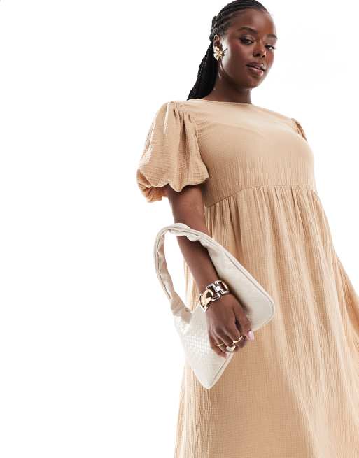 ASOS DESIGN Curve – Beige klänning i midilängd och dubbelt tyg med puffärm, 4 av 4