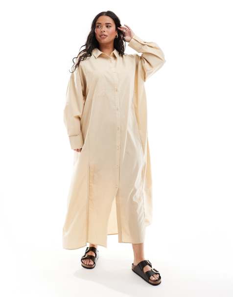 ASOS DESIGN Curve - Beige maxi-skjortekjole med høj dobbeltslids - view 1
