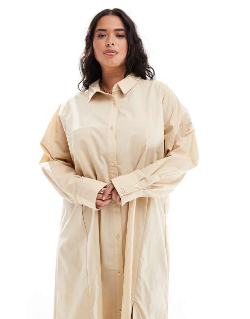 ASOS DESIGN Curve - Beige maxi-skjortekjole med høj dobbeltslids, 4 af 4