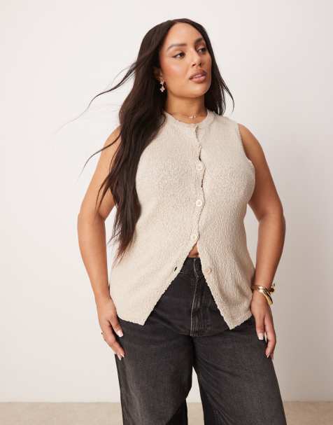 ASOS DESIGN Curve – Beige, stickad och lång kostymväst i bouclé med rund halsringning - view 1