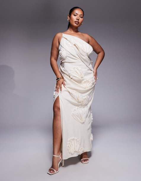 ASOS DESIGN Curve – Beige, strukturerat blommig, enaxlad maxiklänning - view 1