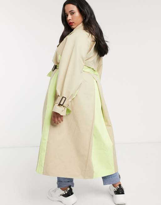 ASOS DESIGN Curve – Beige trenchcoat med neongröna infällningar, 2 av 4