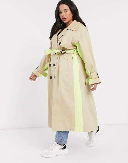 ASOS DESIGN Curve – Beige trenchcoat med neongröna infällningar, 4 av 4