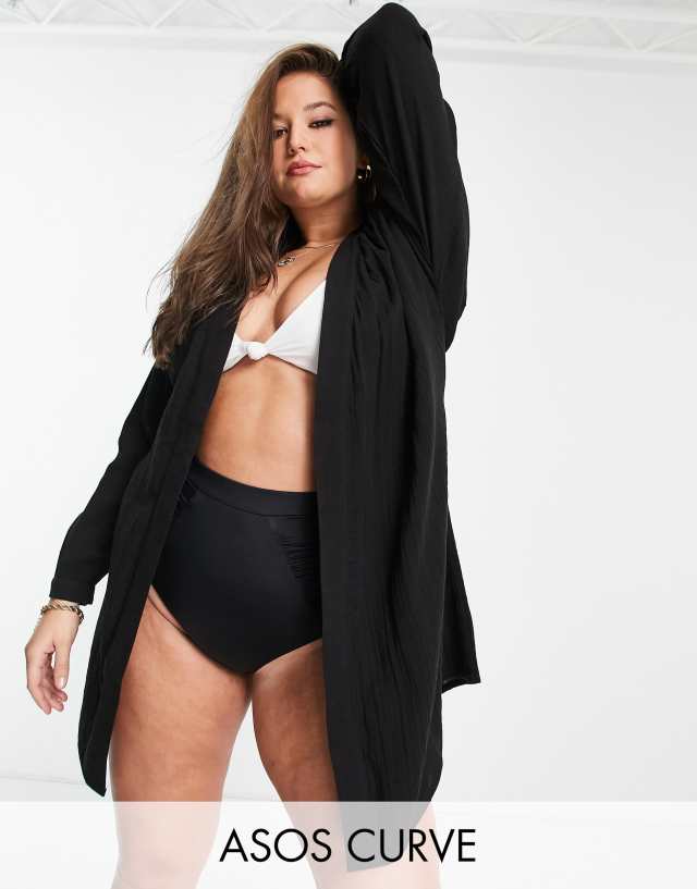 ASOS DESIGN Curve bell sleeve beach kimono in black gauze