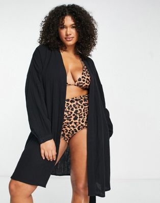 ASOS DESIGN Curve bell sleeve beach kimono in black gauze - ASOS Price Checker