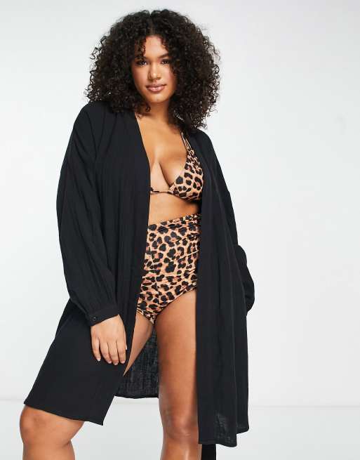 ASOS DESIGN Curve bell sleeve beach kimono in black gauze