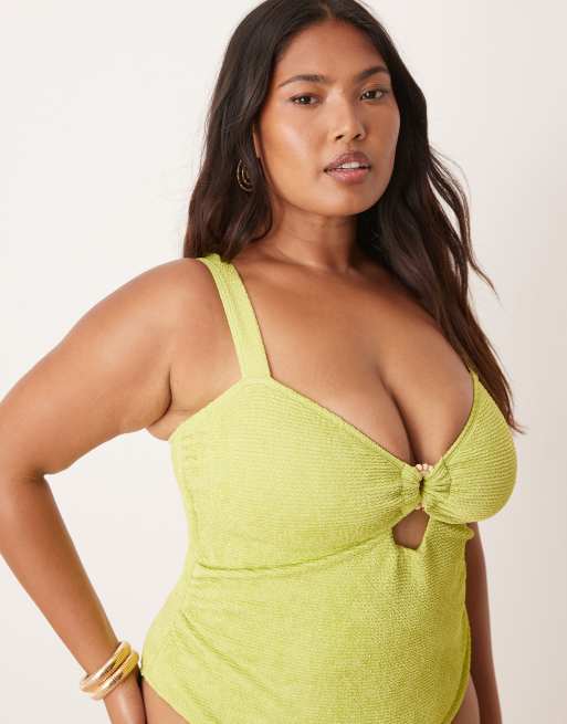 ASOS DESIGN Curve – Bella – Gulgrön baddräkt med textur och ringdetalj med pärlor, 4 av 4