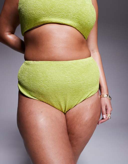 ASOS DESIGN Curve - Bella - Slip bikini sgambati a vita alta testurizzati verde chartreuse acceso, 2 di 4