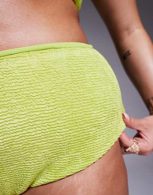 ASOS DESIGN Curve - Bella - Slip bikini sgambati a vita alta testurizzati verde chartreuse acceso, 4 di 4