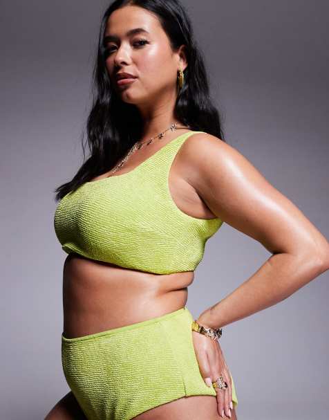 ASOS DESIGN Curve Bella textured bikini in bright chartreuse - view 1