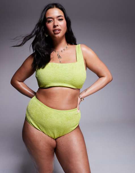 ASOS DESIGN Curve Bella textured bikini top in bright chartreuse - view 1