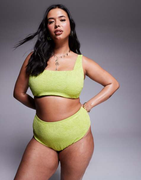 ASOS DESIGN Curve Bella textured  high waist high leg bikini bottom in bright chartreuse - view 1