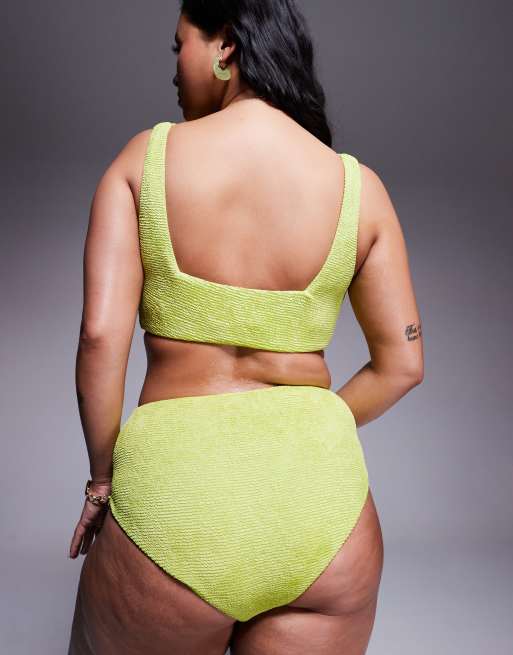 ASOS DESIGN Curve Bella textured high waist high leg bikini bottoms in bright chartreuse, 3 of 4