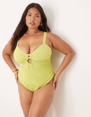 ASOS DESIGN Curve Bella textured swimsuit with beaded ring detail in bright chartreuse-Green