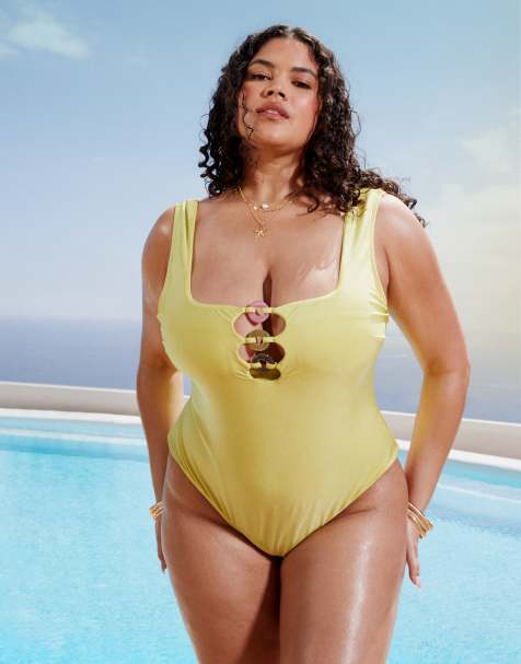 ASOS DESIGN Curve Bella textured swimsuit with beaded ring detail in bright chartreuse - view 1