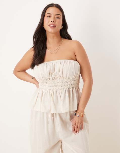 ASOS DESIGN Curve Belle beach shirred bandeau with linen in natural - view 1