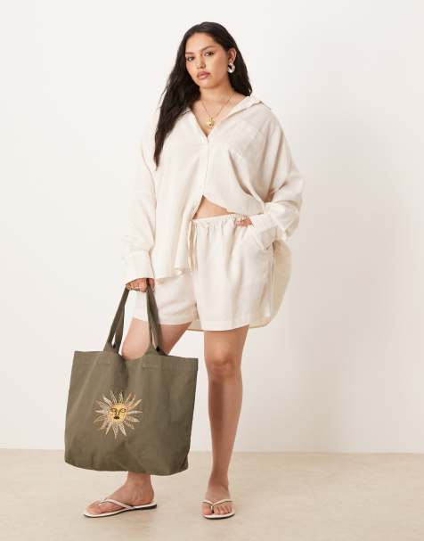 ASOS DESIGN Curve Belle beach short with linen in natural - view 1