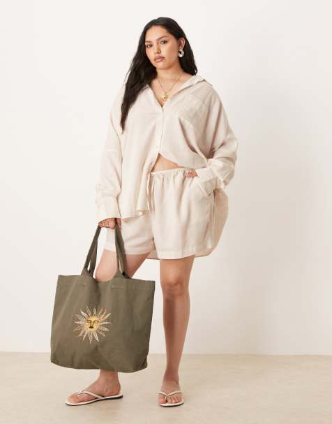 ASOS DESIGN Curve Belle beach short with linen in natural