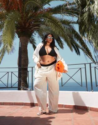 ASOS DESIGN Curve Belle beach wide leg linen blend pants in black and white stripes