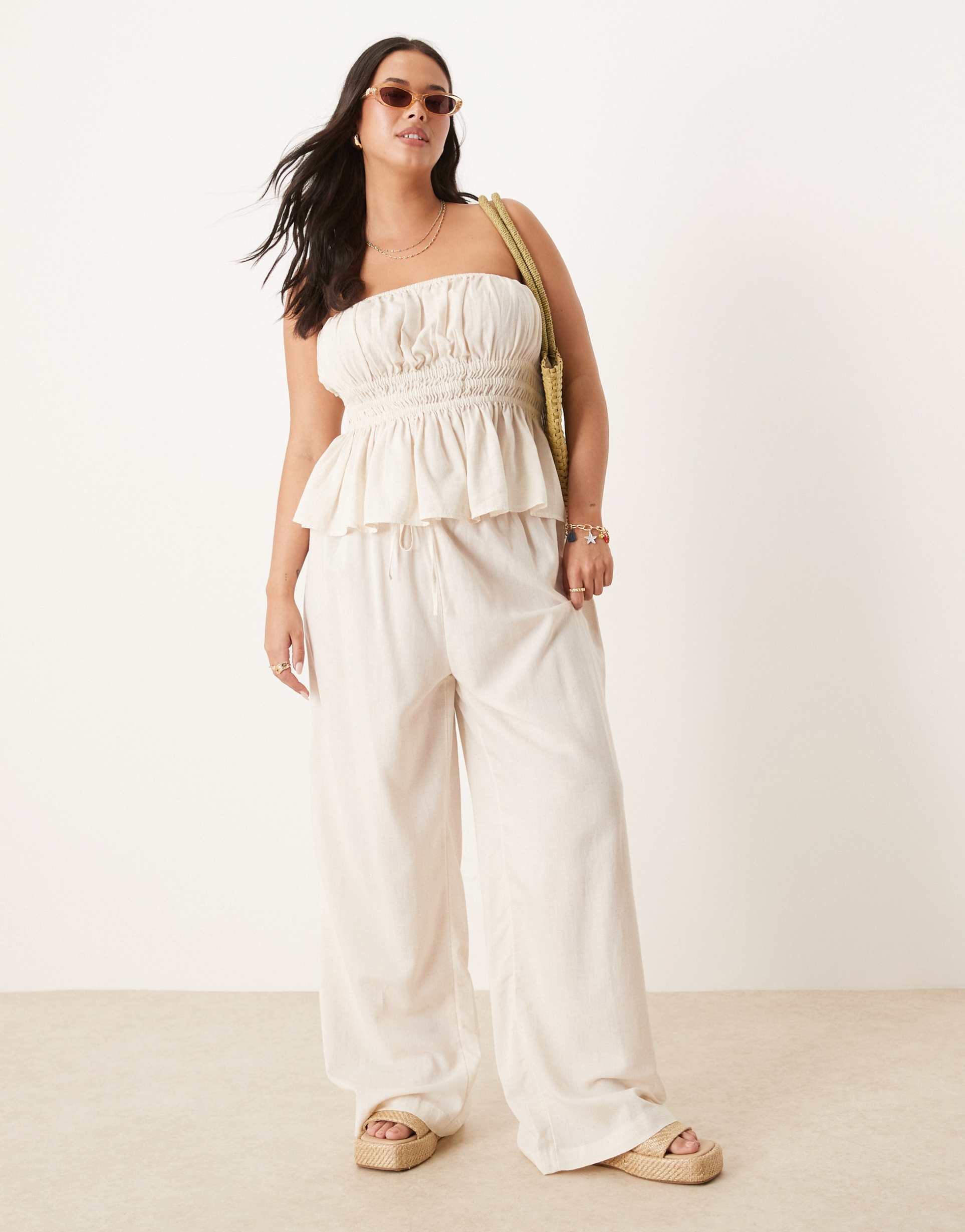 asos design curve belle beach wide leg pants with linen in natural