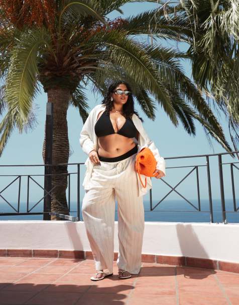 ASOS DESIGN Curve Belle beach wide leg trouser with linen in mono stripe - view 1