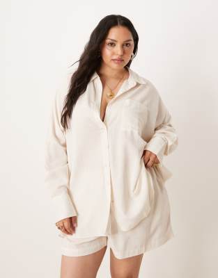 ASOS DESIGN Curve - Belle - Oversize-Strandhemd in Natur mit Leinenanteil-Weiß