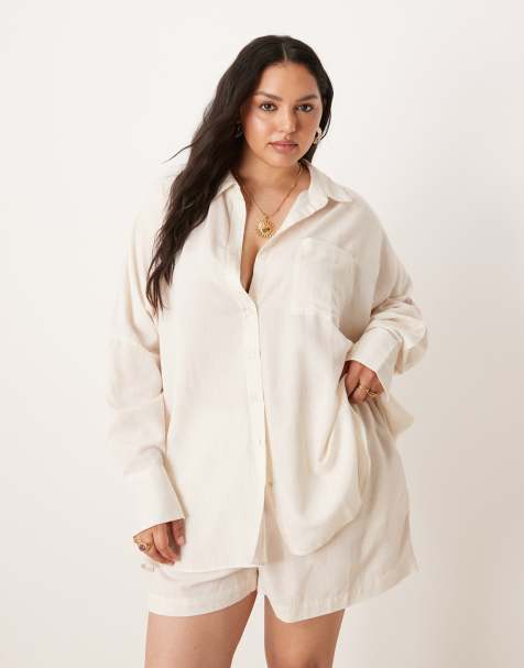 ASOS DESIGN Curve Belle oversized beach shirt coverup with linen in natural - view 1