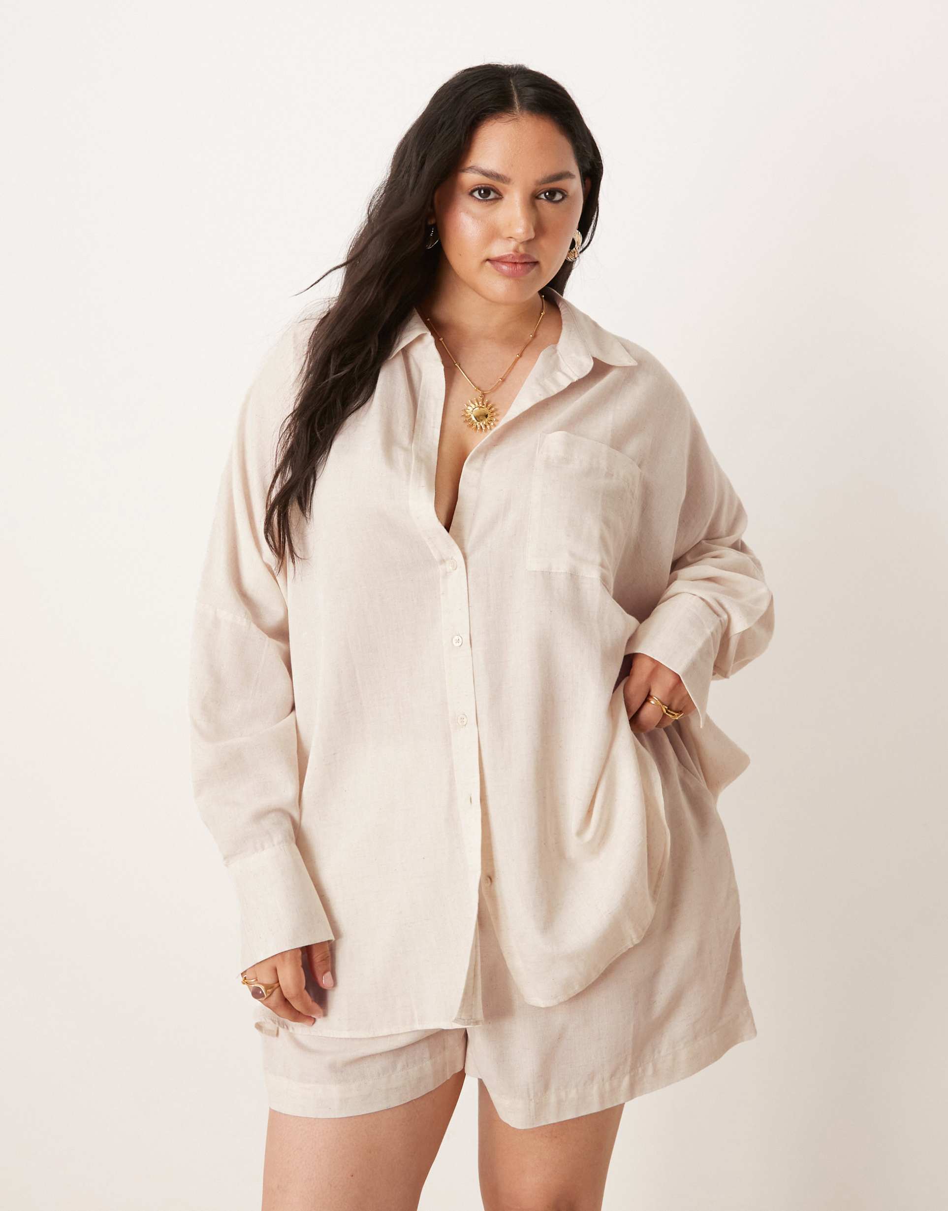 asos design curve belle oversized linen blend beach shirt in natural