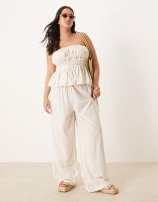 ASOS DESIGN Curve - Belle - Strandhose in Natur mit weitem Bein und Leinenanteil-Neutral