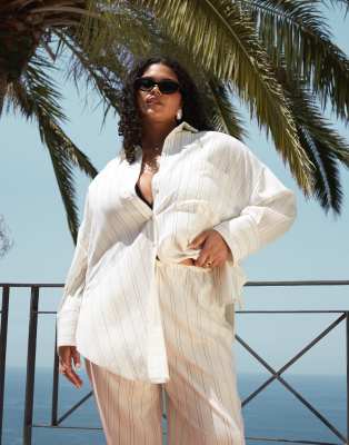 ASOS DESIGN Curve Belle tie side beach shirt cover up in mono stripe-Neutral
